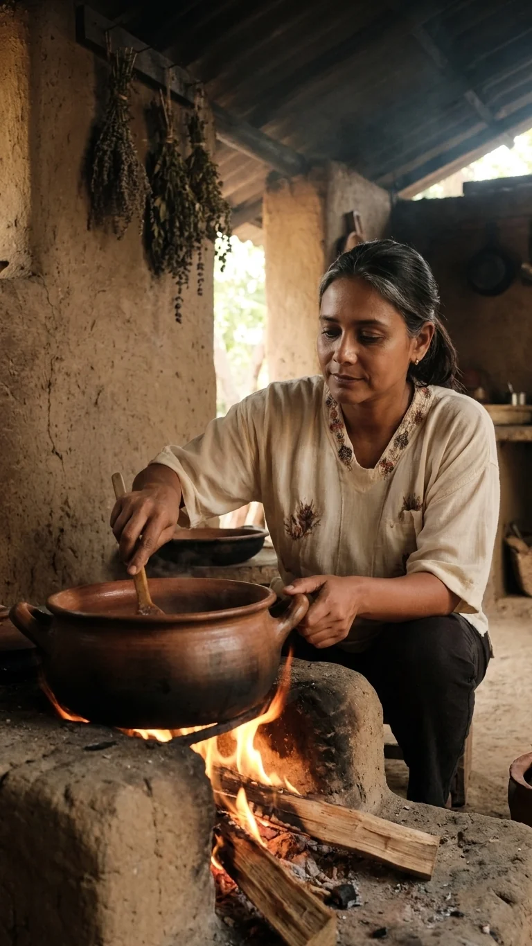 Chamy cocina al amanecer frente a una olla de barro y fuego de leña