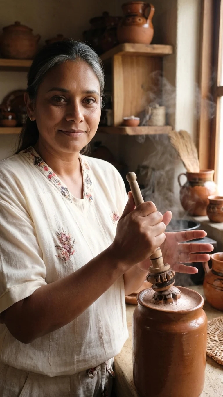 Chamy trabaja el chocolate con un molinillo en una olla de barro