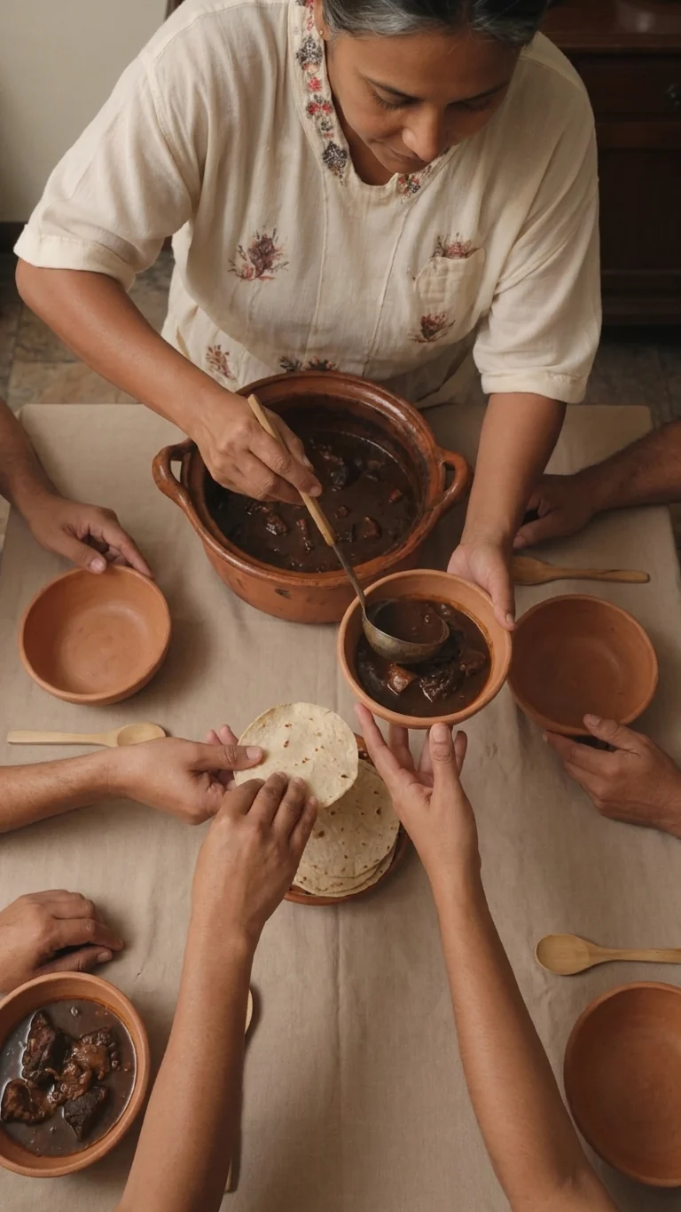 Chamy sirve la comida a su familia alrededor de una mesa de madera