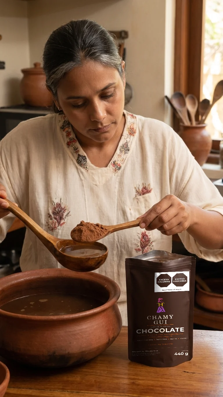 Chamy dosifica CHAMY GUI Chocolate desde la bolsa y deshace el polvo en un cucharón de caldo tibio