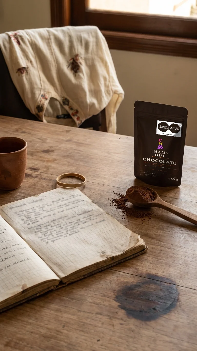 Cuaderno de cuadros, cuchara de dosificación y bolsa CHAMY GUI Chocolate sobre la mesa