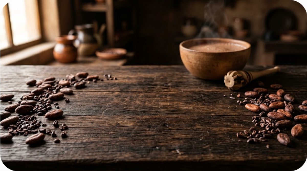 La mesa de trabajo de Chamy: molinillo de madera, granos de cacao y olla de barro