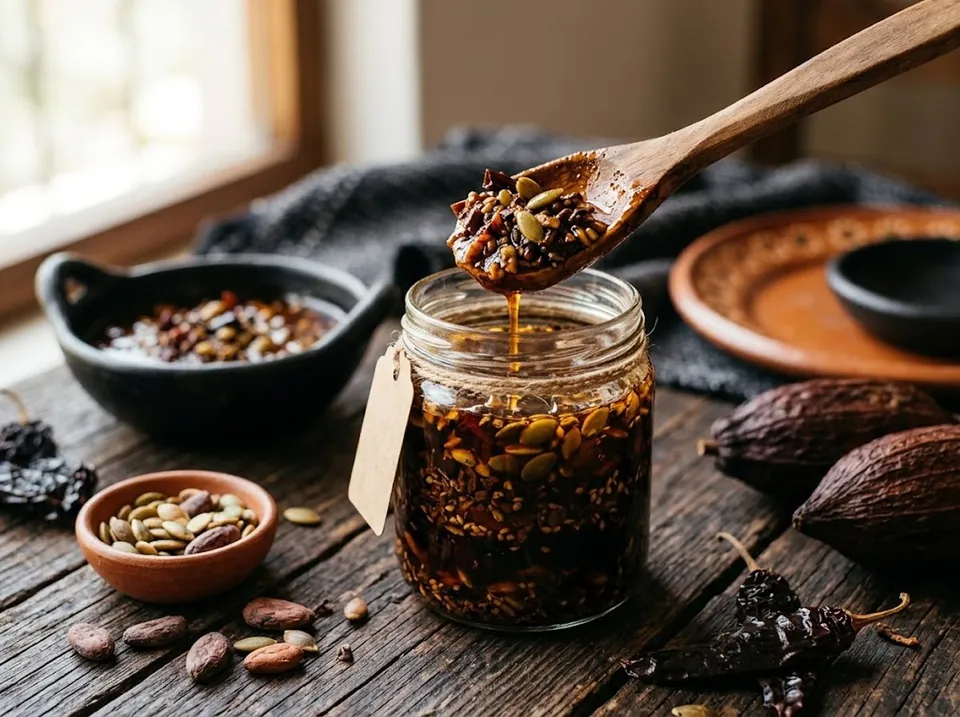Salsa macha de cacao con amashito y pepita