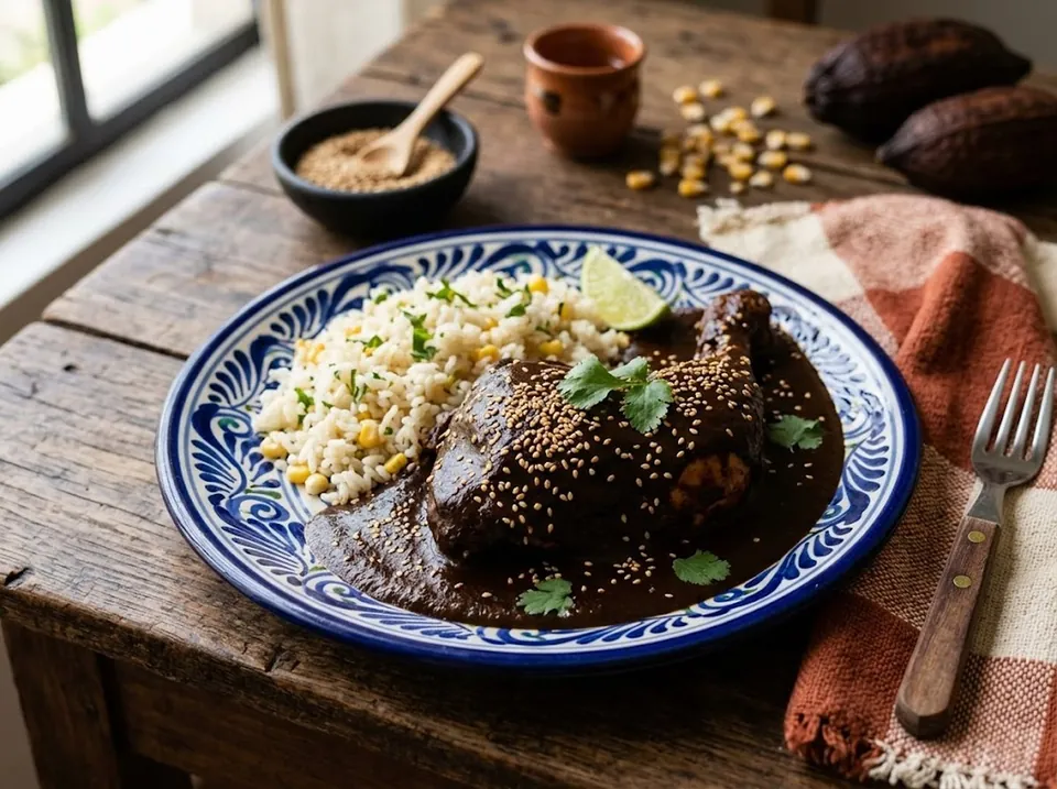 Mole exprés servido en plato de barro