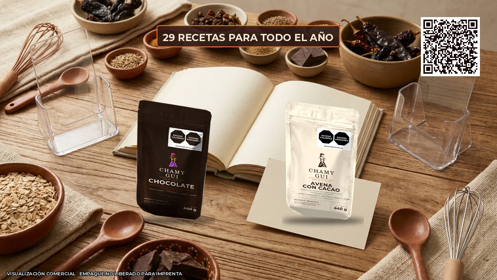 Mesa editorial con productos y recetario CHAMY GUI